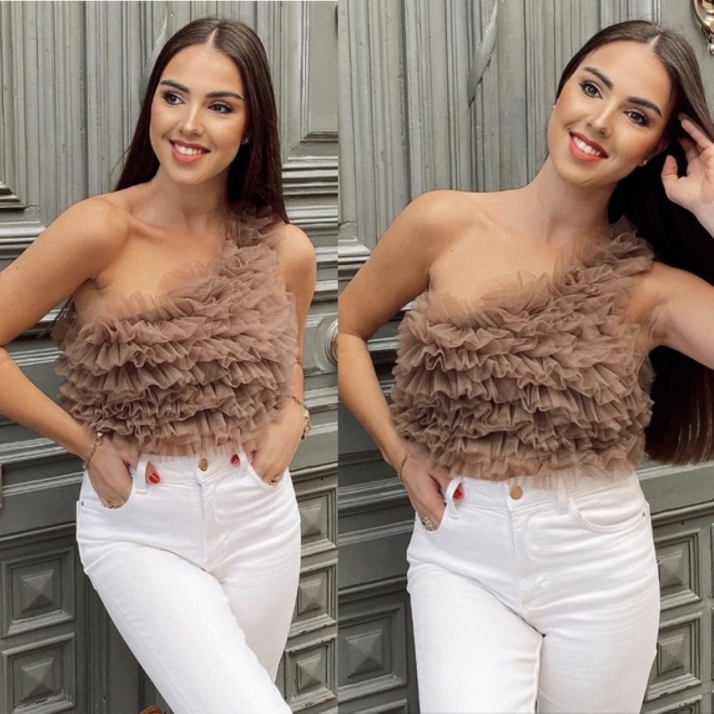 Zara One-Shoulder Ruffle Crop Top in Taupe